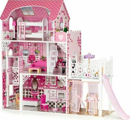 Μεγάλο Ξύλινο Κουκλόσπιτο Ecotoys Με Έπιπλα / Ασανσέρ & Τσουλήθρα 90x32.5x71cm