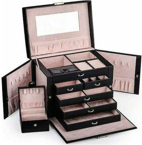 Κοσμηματοθήκη Μπιζουτιέρα XL με Καθρέφτη & συρτάρια 25x21x19 cm σε Μαύρο χρώμα