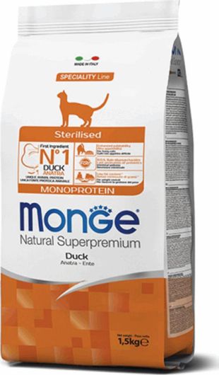 Ξηρά Τροφή Monge Natural Superpremium 10kg για Ενήλικες Στειρωμένες Γάτες με Πάπια