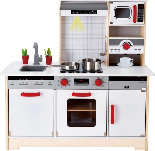 Σετ Επαγγελματική Κουζίνα Hape All-In-1 Kitchen E3145B με Φώτα & Ήχους & Κατσαρόλες & Αξεσουάρ 14τμχ 100x57x20cm για 3+ Ετών