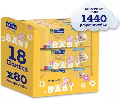 Μωρομάντηλα Septona Calm N' Care Chamomile χωρίς Οινόπνευμα & Parabens με Χαμομήλι 18x80τμχ