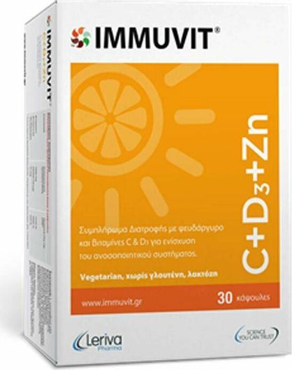 Leriva Pharma Immuvit C+D3+Zn Βιταμίνη για Ανοσοποιητικό 30 Κάψουλες