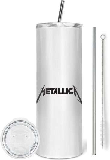 Ποτήρι Θερμός Metallica Logo με Μεταλλικό Καλαμάκι & Βούρτσα Καθαρισμού από Ανοξείδωτο Ατσάλι 600ml Λευκό