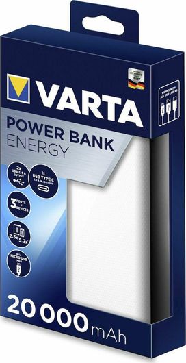Varta Energy Power Bank 20000mAh με 2 Θύρες USB-A & Θύρα USB-C Λευκό