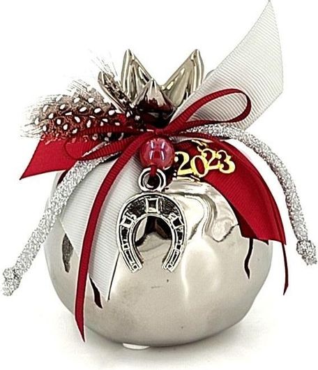 Γούρι Ρόδι με Διακοσμητικό Πέταλο Κεραμικό 10cm Ασημί