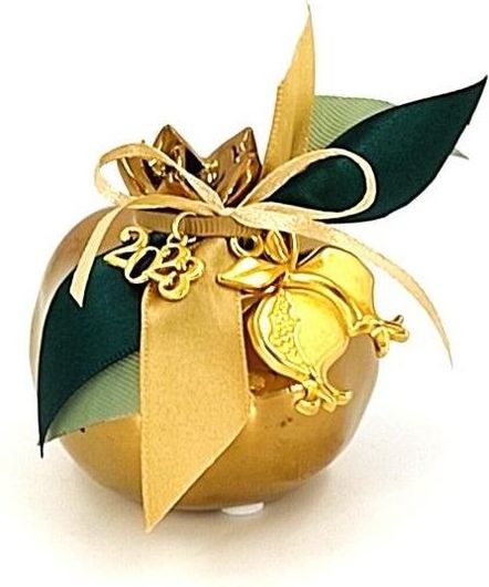 Γούρι Ρόδι με Διακοσμητικό Ρόδι Κεραμικό 7cm Χρυσό/Πράσινο