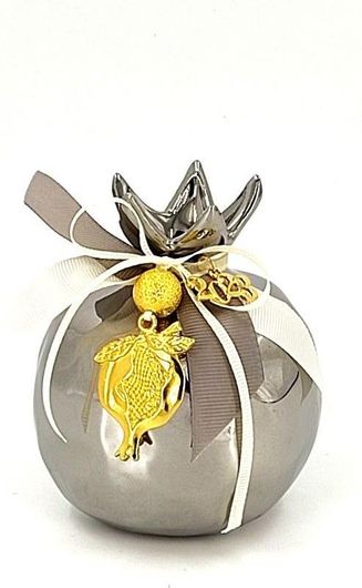 Γούρι Ρόδι με Διακοσμητικό Ρόδι Κεραμικό 10cm Ασημί