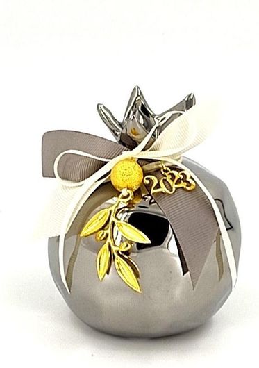 Γούρι Ρόδι με Διακοσμητικό Φύλλο Δέντρου Κεραμικό 10cm Ασημί