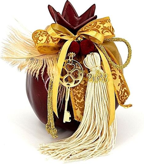 Γούρι Ρόδι με Διακοσμητικό Κλειδί & Φούντα Κεραμικό 13.50cm Μπορντό/Χρυσό