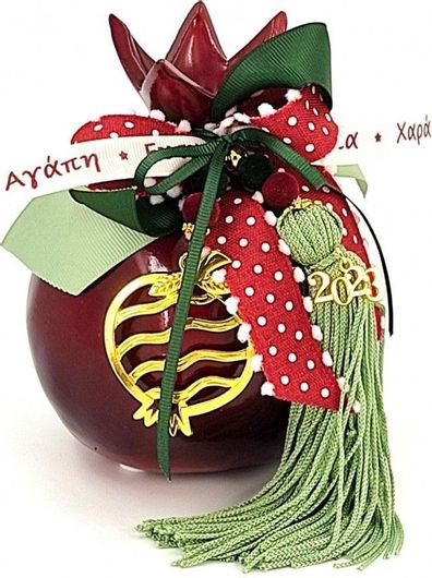 Γούρι Ρόδι με Διακοσμητικό Ρόδι & Φούντα Κεραμικό 13.50cm Κόκκινο/Πράσινο