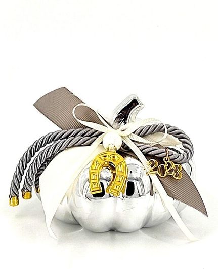 Γούρι Κολοκύθα με Διακοσμητικό Πέταλο Κεραμικό 11x8cm Γκρι/Χρυσό