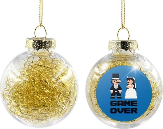 Χριστουγεννιάτικη Μπάλα 8bit Game Over Couple Wedding με Γέμισμα 8cm Διάφανο/Χρυσό
