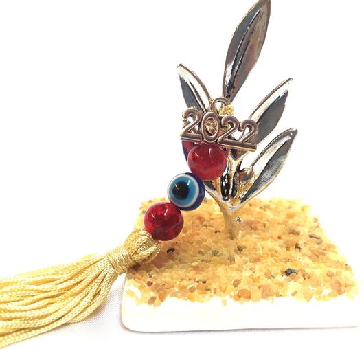 Γούρι Ελιά σε Βότσαλο με Χάντρες & Φούντα Κίτρινο