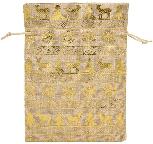 Χριστουγεννιάτικο Πουγκί Λινάτσα Μπεζ Χρυσό Foil Σχέδια 14x19cm