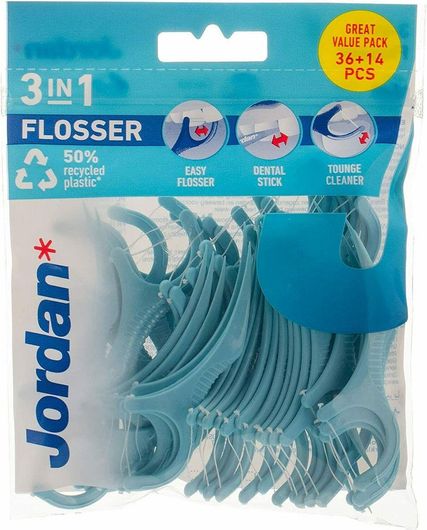 Οδοντικό Νήμα Jordan 3-in-1 Flosser με Λαβή Γαλάζιο 50τμχ