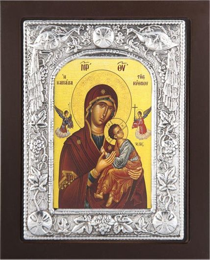 Εικόνα Παναγία Κανάλα Της Κύθνου σε Μαύρο Ξύλο Με Επικάλυψη Από Φύλλο Ασήμι 925 Κωδ. 104 19x24cm