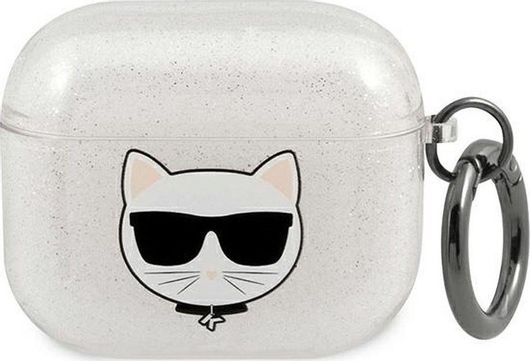 Θήκη Karl Lagerfeld Choupette Glitter για Apple AirPods 3 Σιλικόνη με Γάντζο Ασημί