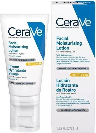 Κρέμα Προσώπου CeraVe Facial Moisturising Ενυδατική Λοσιόν Προσώπου Ημέρας με SPF30 για Κανονικές/Ξηρές Επιδερμίδες με Υαλουρονικό Οξύ & Ceramides 52ml