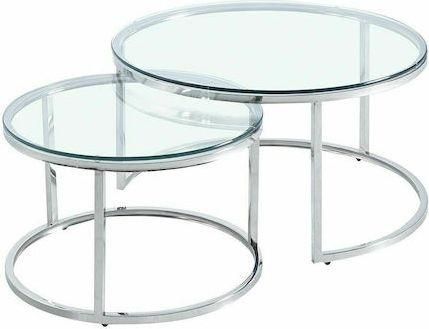 Τραπεζάκι Σαλονιού Iliadis Στρογγυλό Σετ Ζιγκόν Γυάλινο Ασημί Μ80xΠ80xΥ43cm