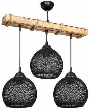 Κρεμαστό Φωτιστικό Οροφής Pakoworld 147-000065 Ξύλο Τρίφωτο με Ντουί E27 50cm Μαύρο