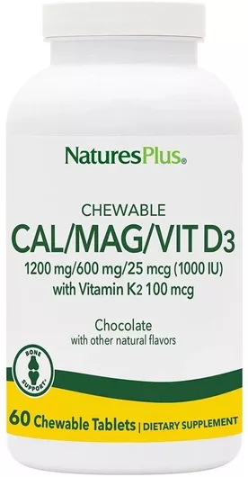 Nature's Plus Cal/Mag/Vit D3 with Vitamin K2 60 Μασώμενες Ταμπλέτες Σοκολάτα