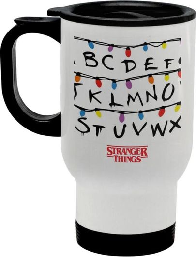 Κούπα Ταξιδιού Θερμός Koupakoupa Stranger Things Abc με Καπάκι Διπλού Τοιχώματος Ανοξείδωτη 450ml Λευκό