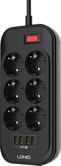 Ldnio SE6403 Πολύπριζο Ασφαλείας 6 Θέσεων με 4 USB-A, Διακόπτη και Καλώδιο 2m Αγγλίας