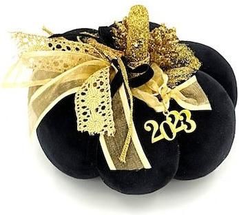 Επιτραπέζιο Γούρι Κολοκύθα με Χριστουγεννιάτικο Ντεκόρ Βελούδινη 16x7.5cm Μαύρη