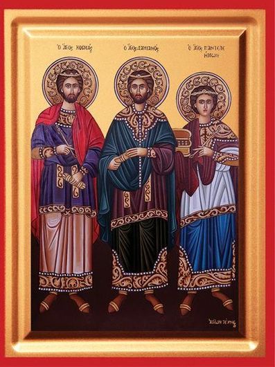 Εικόνα Οι Άγιοι Κοσμάς Δαμιανός & Παντελεήμων 2 Μεταξοτυπία σε ξύλο 30x40cm