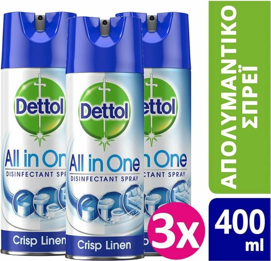 Καθαριστικό Επιφανειών All In One Spray Γενικής Χρήσης με Απολυμαντική Δράση Crisp Linen 3x400ml