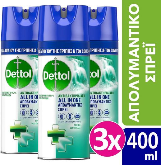 Καθαριστικό Επιφανειών All In One Spray Γενικής Χρήσης με Απολυμαντική Δράση Spring Waterfall 3x400ml