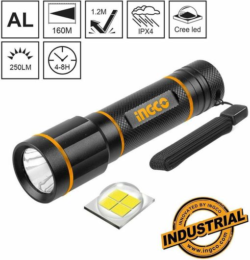 Φακός Ingco LED Αδιάβροχος IPX4 με Μέγιστη Φωτεινότητα 250lm
