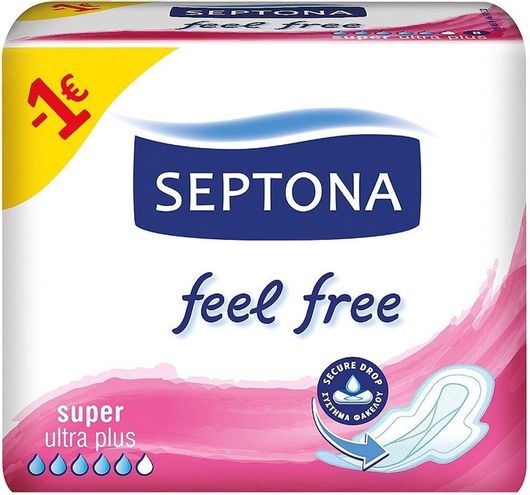 Σερβιέτες Septona Feel Free Super Ultra Plus με Φτερά για Αυξημένη Ροή 5 Σταγόνες 8τμχ