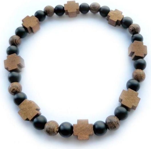 Βραχιόλι Ξύλο & Γυαλί με Σταυρό Μαύρο