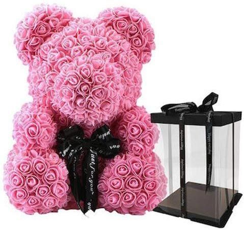 Μεγάλο Τριανταφυλλένιο Αρκουδάκι με Φιόγκο 40cm σε Συσκευασία Δώρου Ροζ
