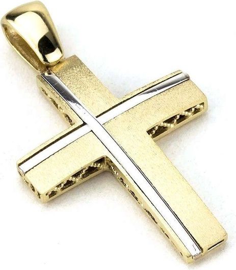 Σταυρός Goldsmith βάπτισης για αγόρι διπλής όψης, χρυσός/λευκός, 14 καράτια. Νο.882