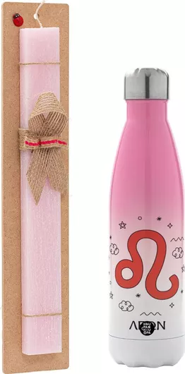 Πασχαλινή Λαμπάδα Ζώδια Λέων Σετ με Θερμός Inox 500ml Αρωματική Ροζ