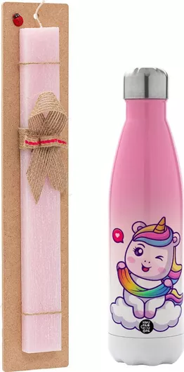 Πασχαλινή Λαμπάδα Μονόκερος Καρδιά Σετ με Θερμός Inox 500ml Αρωματική Ροζ