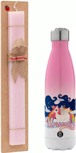 Πασχαλινή Λαμπάδα Μονόκερος Σετ με Θερμός Inox 500ml Αρωματική Ροζ