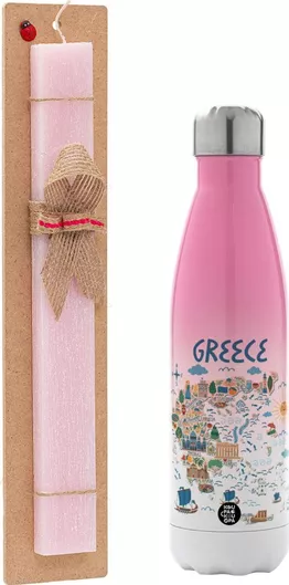 Πασχαλινή Λαμπάδα Koupakoupa Χάρτης Ελλάδος Σετ με Θερμός Inox 500ml Αρωματική Ροζ