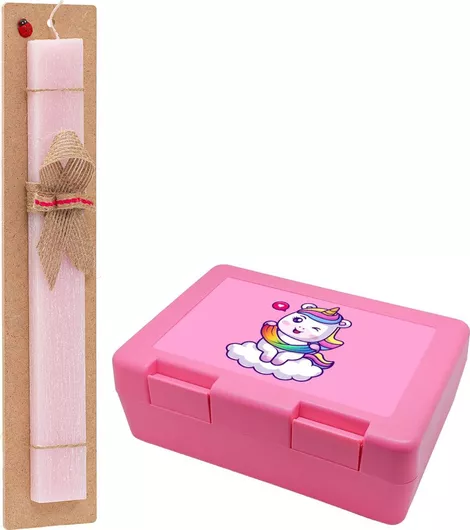 Πασχαλινή Λαμπάδα Μονόκερος Καρδιά Σετ με Παιδικό Δοχείο Κολατσιού Αρωματική Ροζ