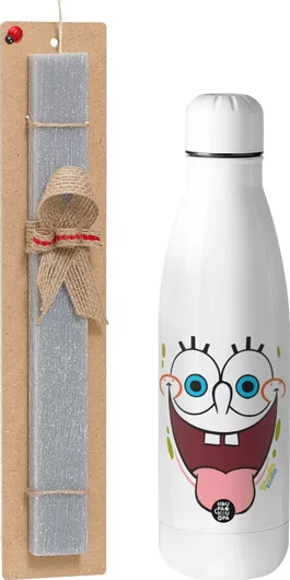 Πασχαλινή Λαμπάδα Μπομπ Σφουγγαράκης Χαμόγελο Σετ με Παγούρι Inox 700ml Αρωματική Γκρι