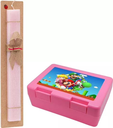 Πασχαλινή Λαμπάδα Super Mario And Friends Αρωματική Πλακέ Σετ με Παιδικό Δοχείο Φαγητού Ροζ