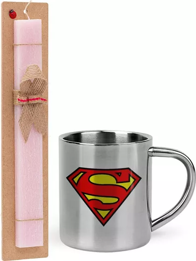 Πασχαλινή Λαμπάδα Superman Vintage Αρωματική Πλακέ Σετ με Μεταλλική Κούπα Θερμός 300ml Ροζ