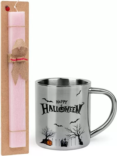 Πασχαλινή Λαμπάδα Koupakoupa Happy Halloween cemetery Αρωματική Πλακέ Σετ με Μεταλλική Κούπα Θερμός 300ml Ροζ