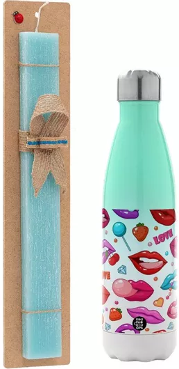 Πασχαλινή Λαμπάδα Lips Αρωματική Πλακέ Σετ με Μεταλλικό Παγούρι Θερμός 500ml Τιρκουάζ