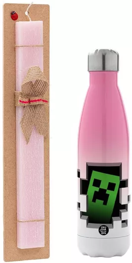 Πασχαλινή Λαμπάδα Minecraft Creeper Αρωματική Πλακέ Σετ με Μεταλλικό Παγούρι Θερμός 500ml Ροζ