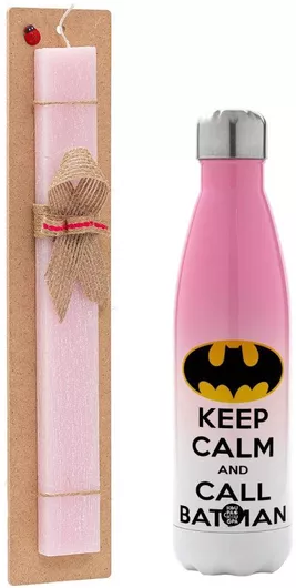 Πασχαλινή Λαμπάδα Keep Calm & Call Batman Αρωματική Πλακέ Σετ με Μεταλλικό Παγούρι Θερμός 500ml Ροζ