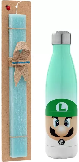 Πασχαλινή Λαμπάδα Luigi Flat Αρωματική Πλακέ Σετ με Μεταλλικό Παγούρι Θερμός 500ml Τιρκουάζ