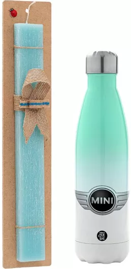 Πασχαλινή Λαμπάδα Mini Cooper Αρωματική Πλακέ Σετ με Μεταλλικό Παγούρι Θερμός 500ml Τιρκουάζ